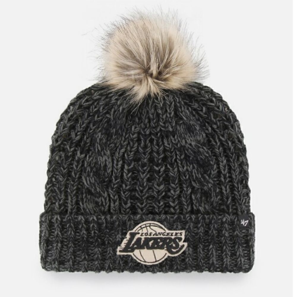 NWT Women's Los Angeles Lakers '47 Black Meeko Cuffed Knit Hat with Pom